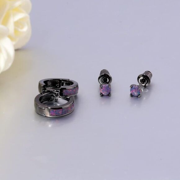 14K Black Gold with Genuine Black Fire Opal Huggie and Stud Earrings Set of 2 - Picture 3 of 5